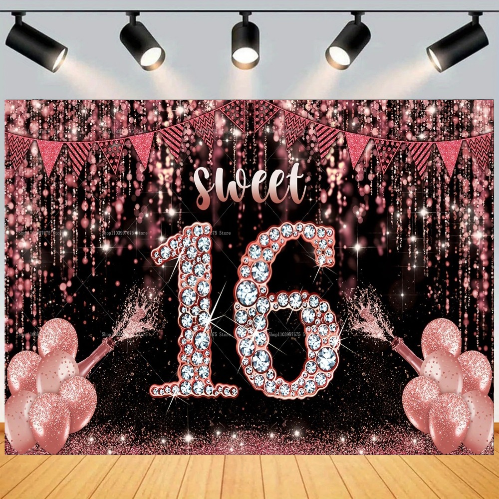 Party Banner Gold - Rose Gold Balloon Diamond Theme 16th
